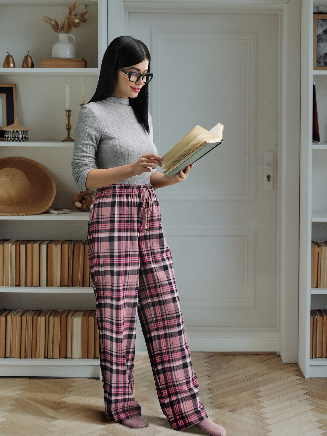 

Macy's Jenni Women Pink & Black Checked Yarn-Dyed Cotton Twill Lounge Pants