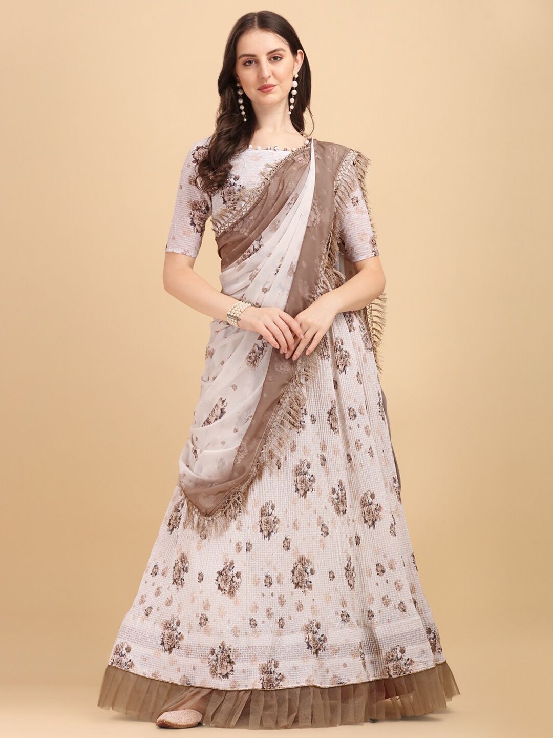 

Amrutam Fab White & Brown Printed Sequinned Semi-Stitched Lehenga & Unstitched Blouse With Dupatta