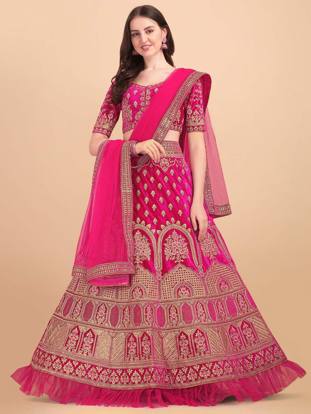 

Amrutam Fab Women Pink & Gold-Toned Semi-Stitched Lehenga & Unstitched Blouse With Dupatta