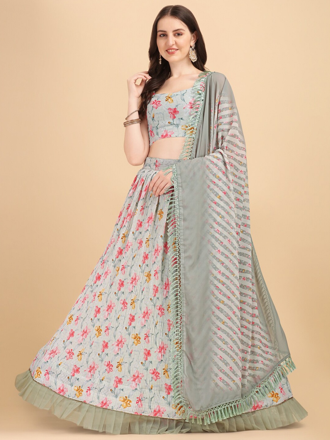 

Amrutam Fab Grey & Red Printed Sequinned Semi-Stitched Lehenga & Unstitched Blouse With Dupatta