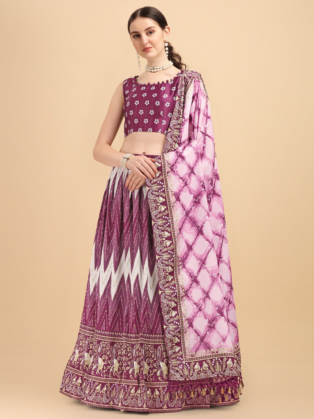 

Amrutam Fab Purple & White Printed Semi-Stitched Lehenga & Unstitched Blouse With Dupatta