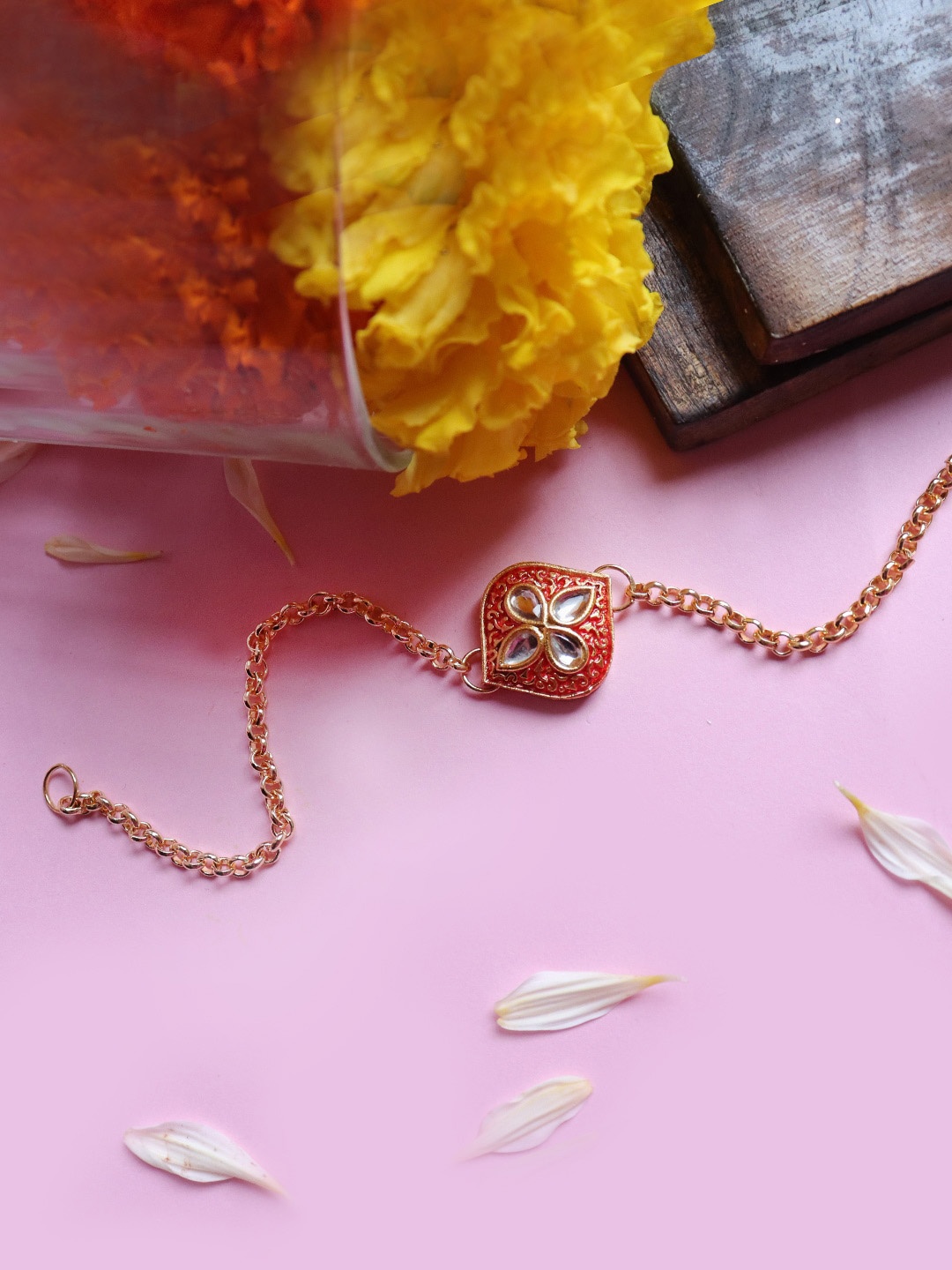 

Soho Boho Studio Men Red Paisley Leaf Kundan Work Rakhi with Chain Bracelet