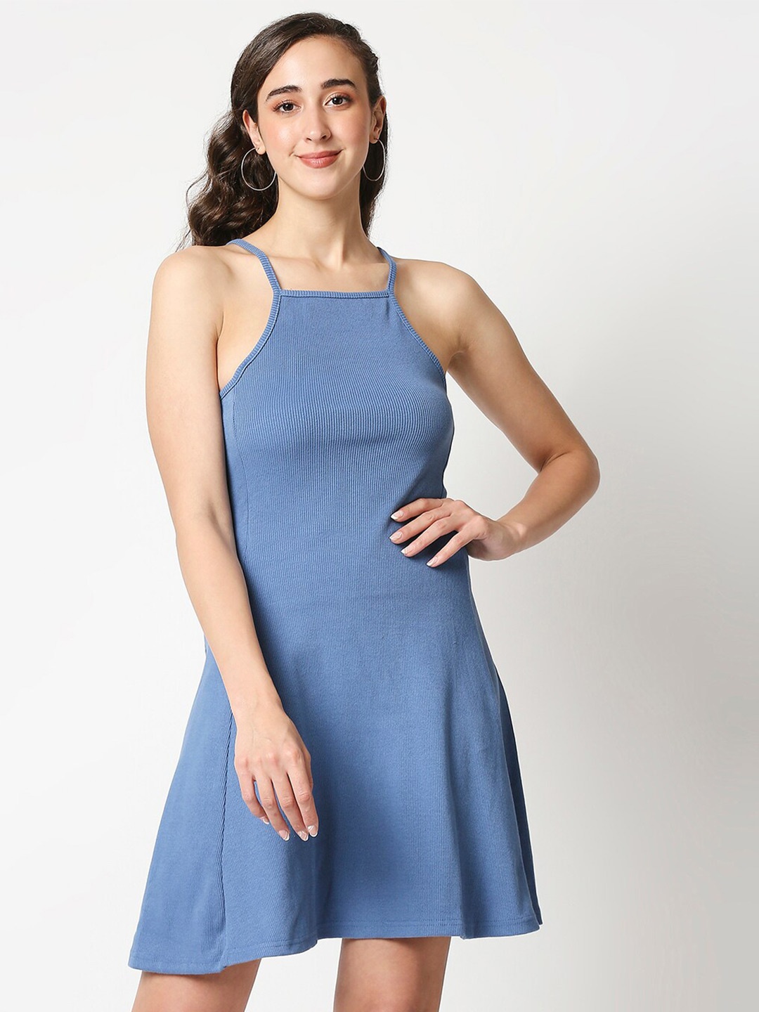 

Manaca Blue Solid Shoulder Strap A-Line Dress