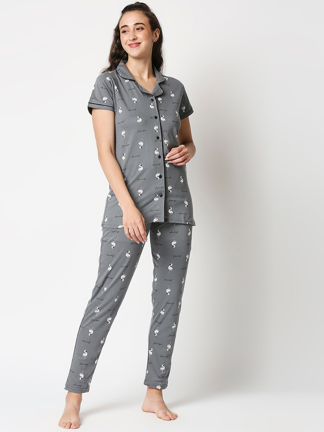 

Manaca Women Grey & White Printed Cotton Night Suit
