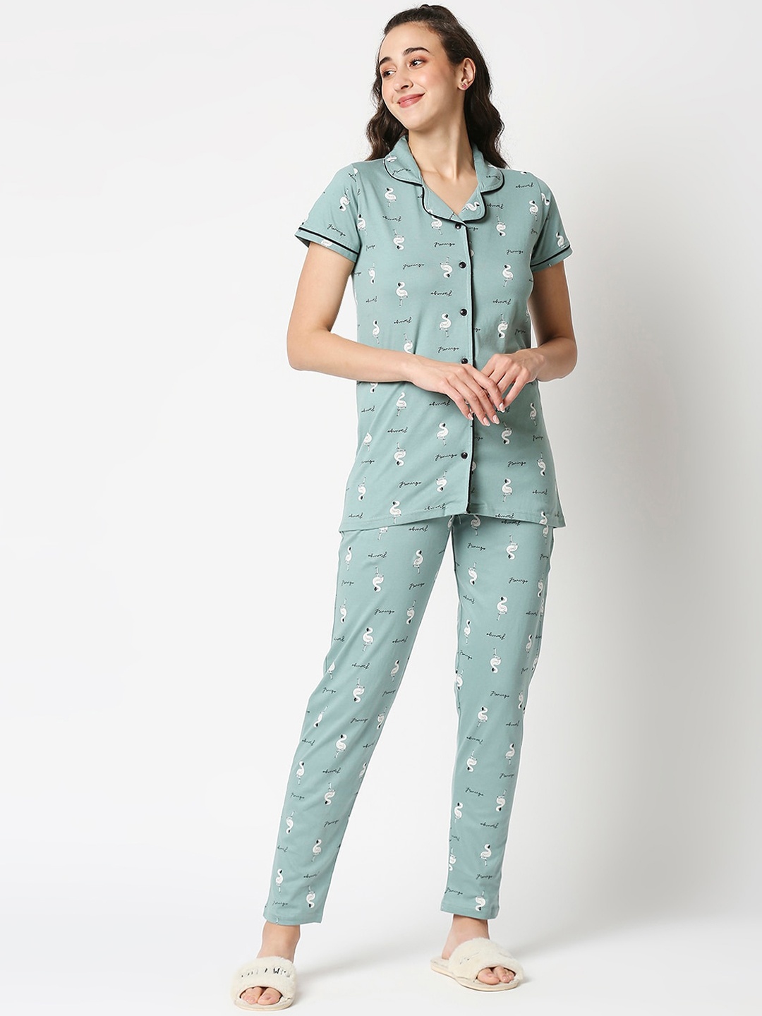 

Manaca Women Green & White Printed Night suit