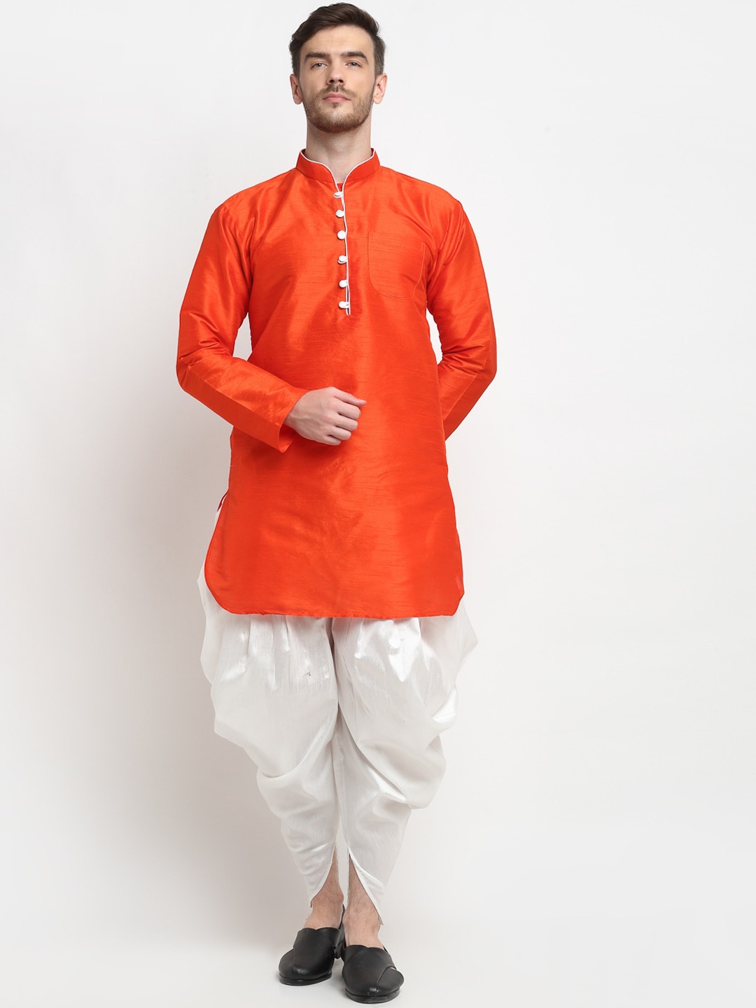 

Benstoke Men Orange Dupion Silk Kurti with Dhoti Pants