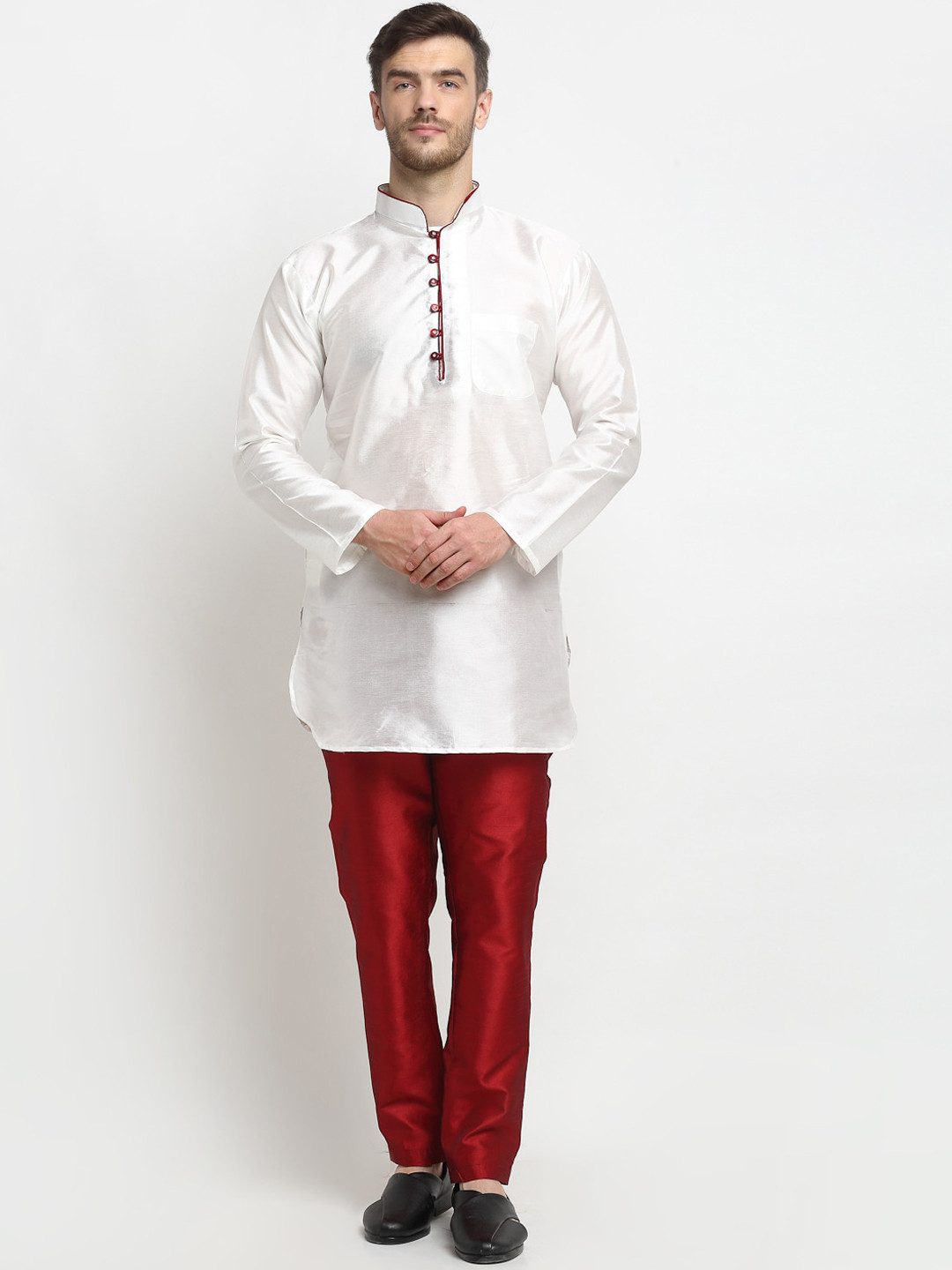

Benstoke Men White Dupion Silk Kurta with Trousers