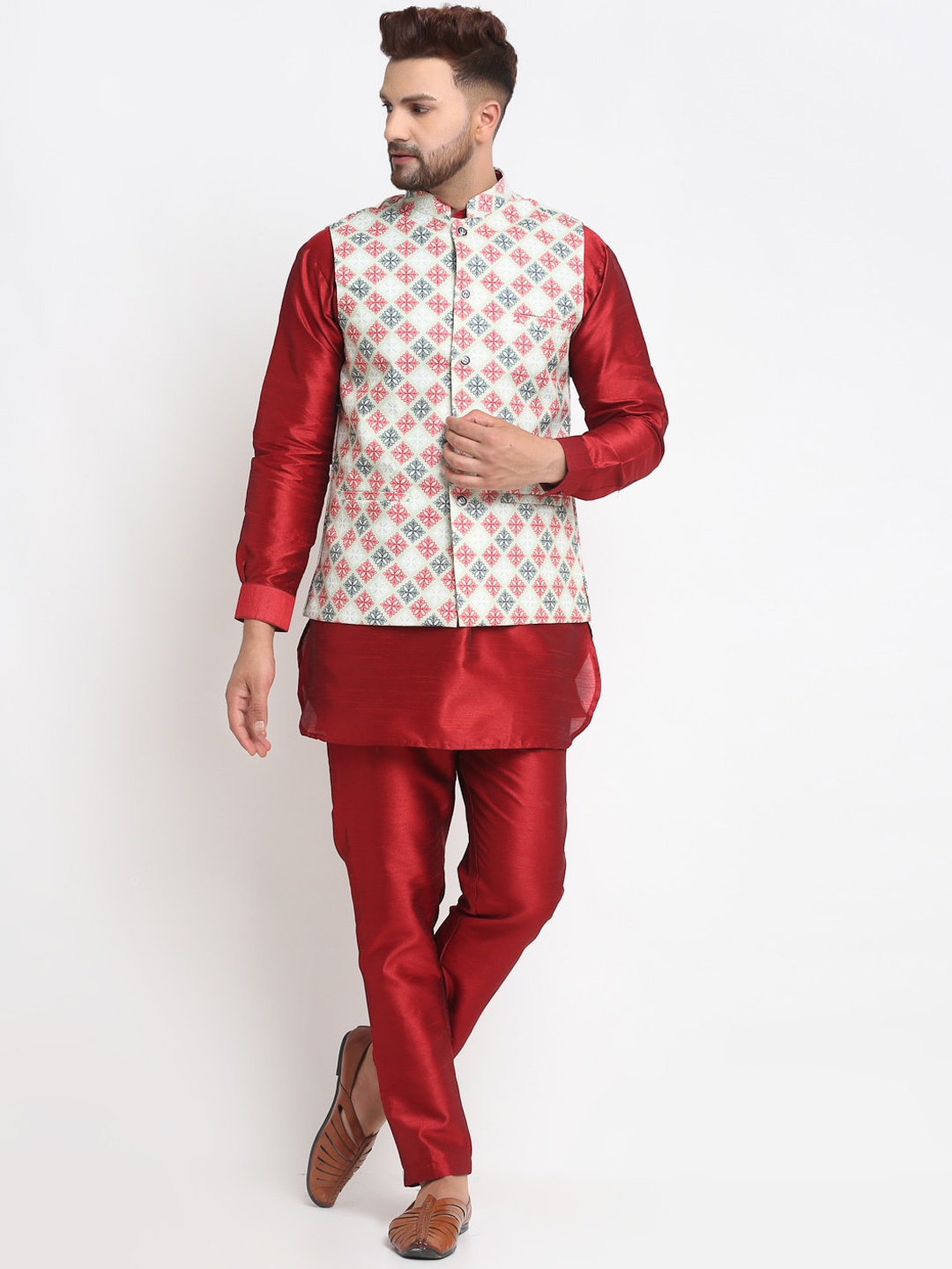 

Benstoke Men Maroon Ethnic Motifs Printed Dupion Silk Kurta with Pyjamas and nehru jacket