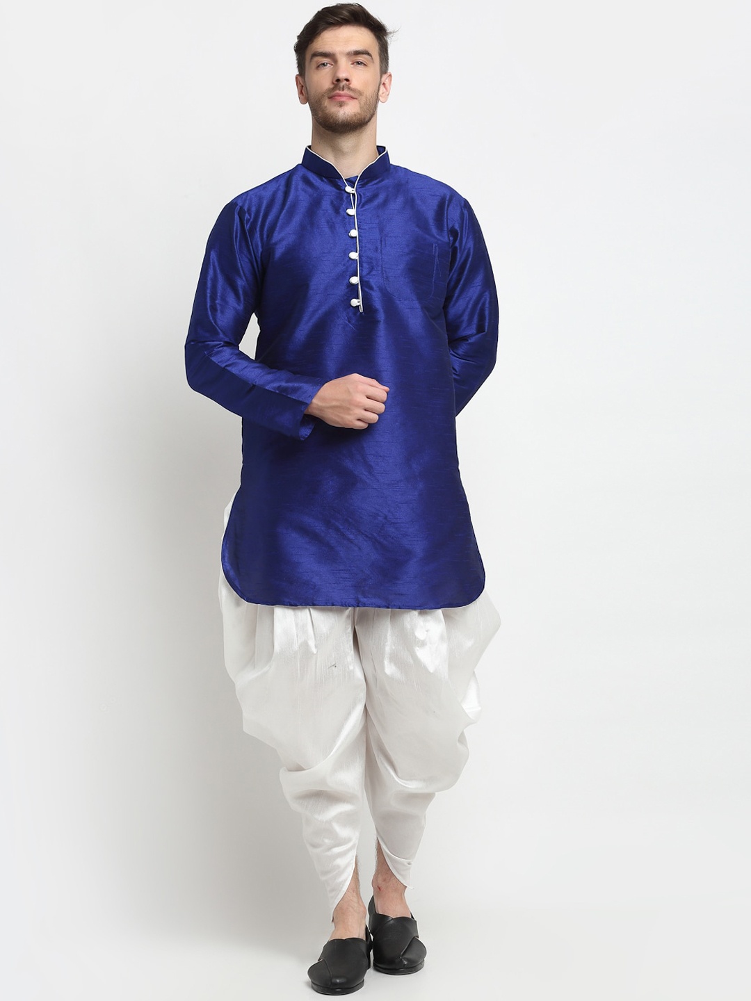 

Benstoke Men Blue Layered Dupion Silk Kurta with Dhoti Pants