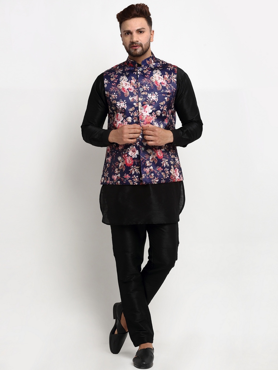 

Benstoke Men Black Floral Printed Layered Dupion Silk Kurta with Pyjamas