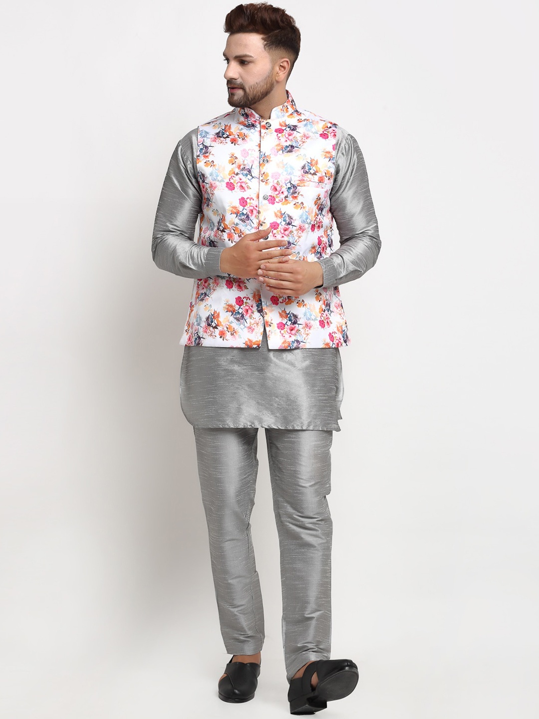 

Benstoke Men Grey Floral Dyed Layered Dupion Silk Kurti with Pyjamas
