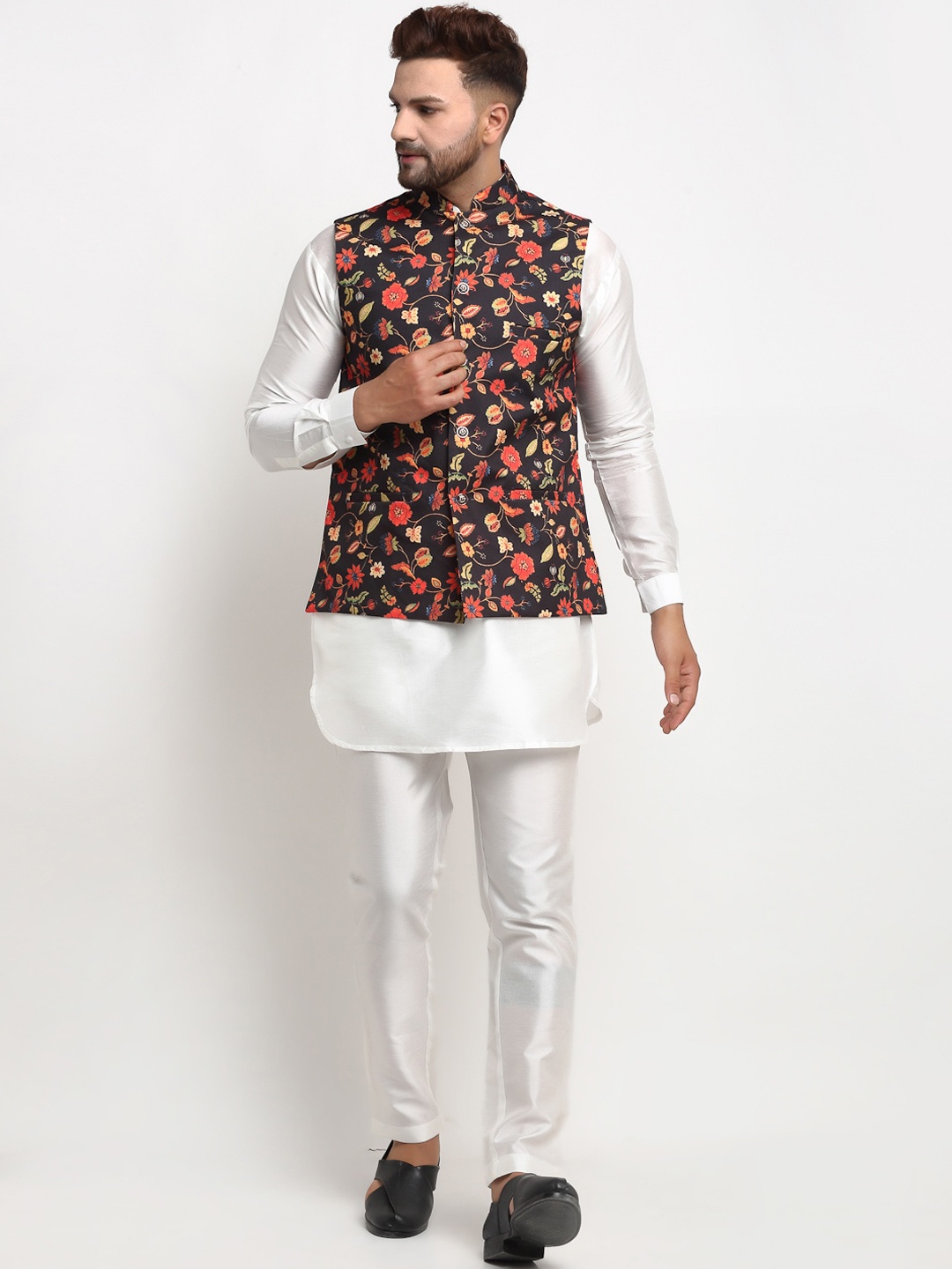 

Benstoke Men White Floral Dyed Layered Dupion Silk Kurti with Trousers