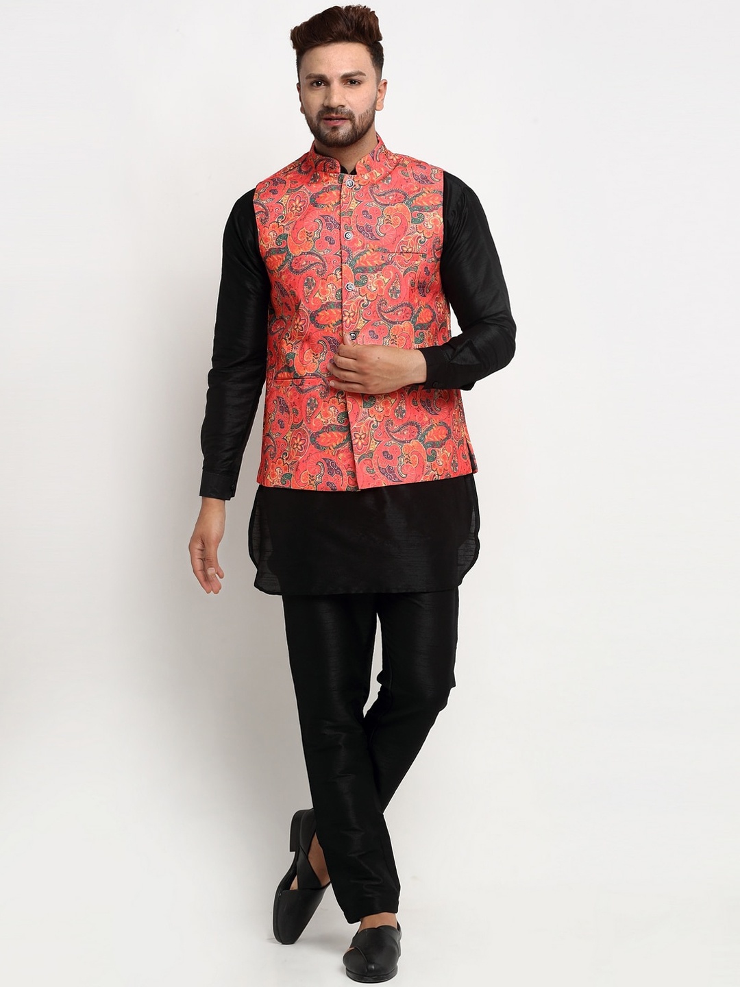 

Benstoke Men Black Printed Layered Dupion Silk Kurti Pyjama and nehru jacket