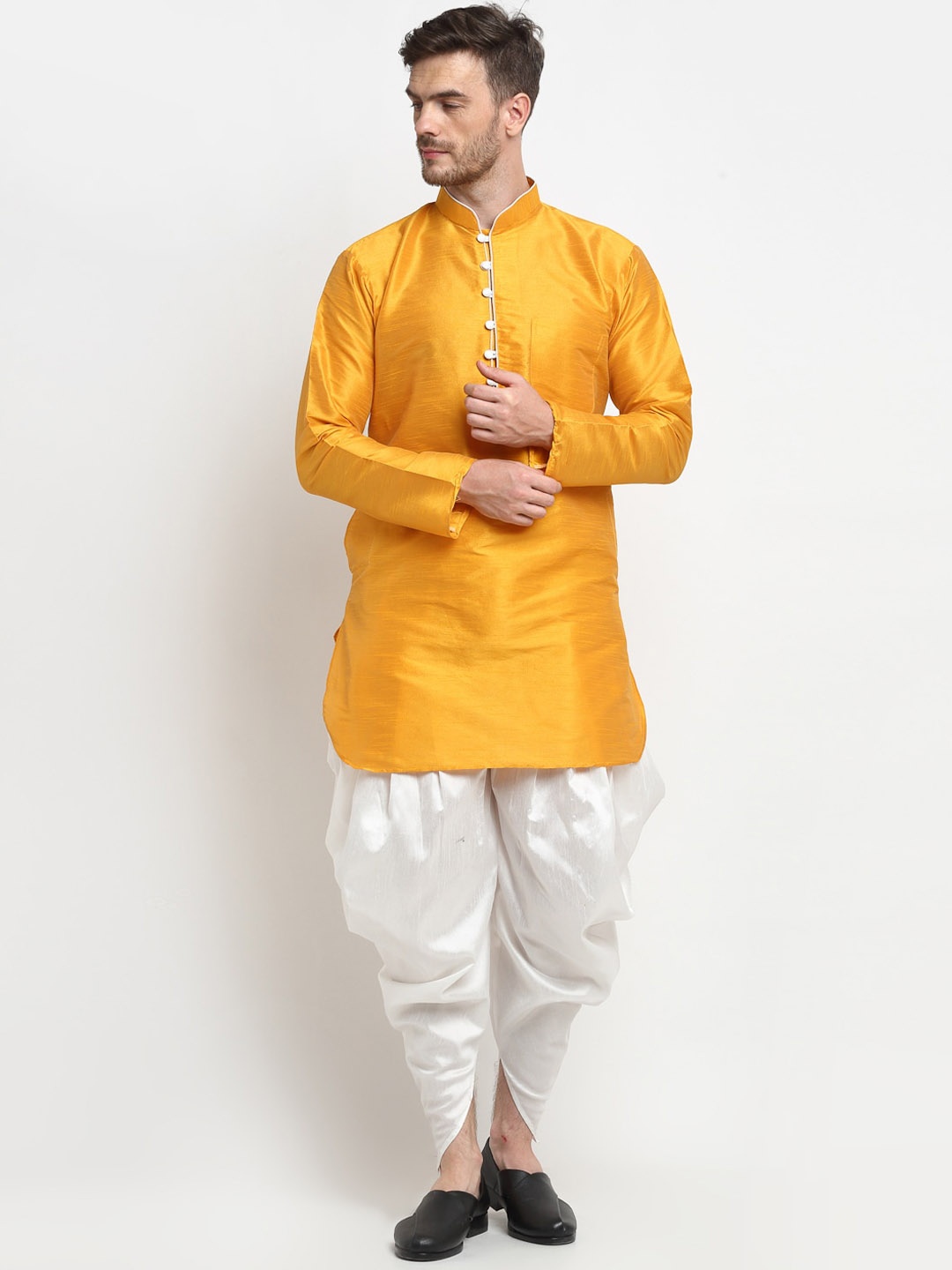 

Benstoke Men Yellow Dupion Silk Kurta with Dhoti Pants