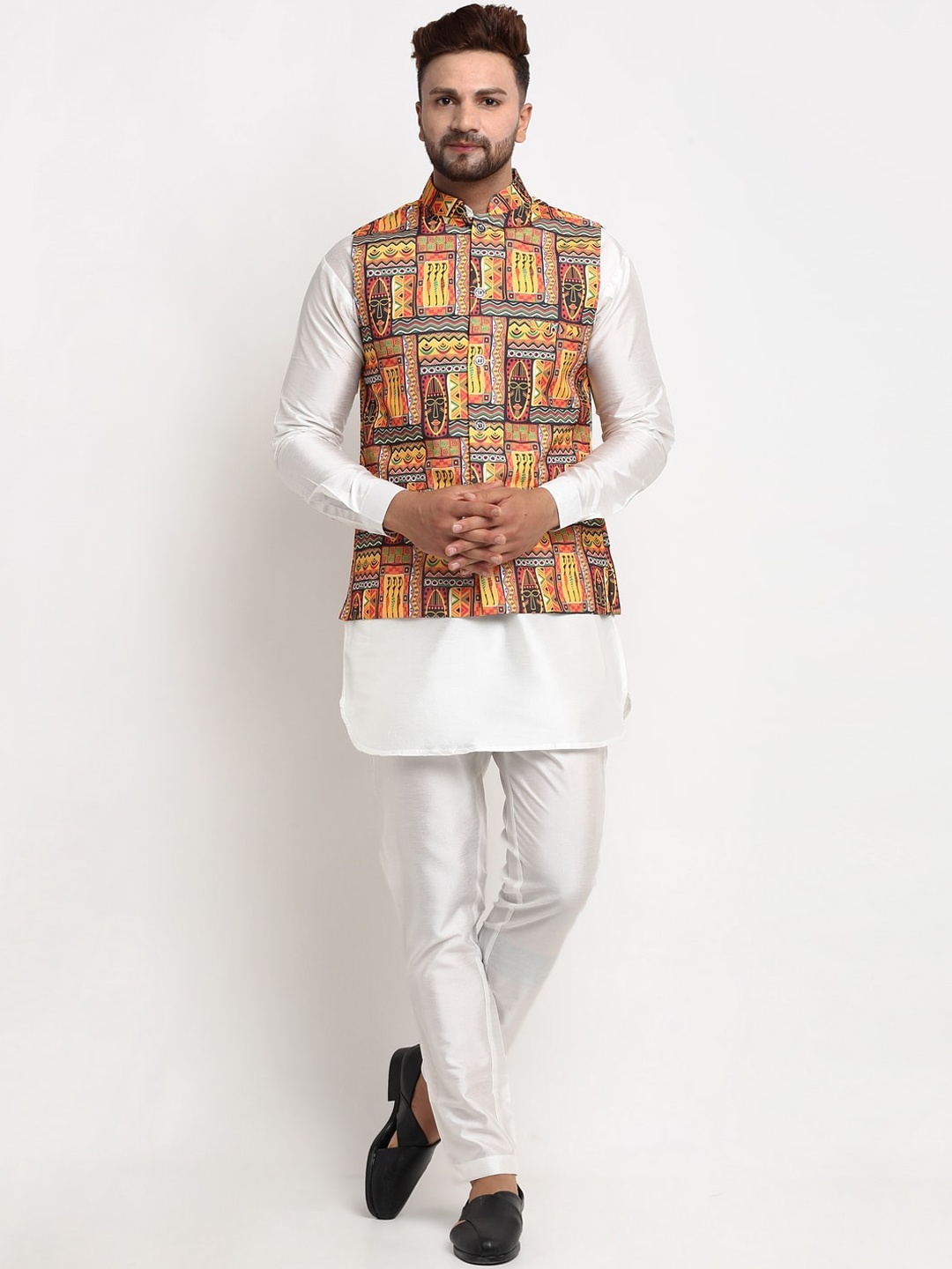 

Benstoke Men White Ethnic Motifs Printed Layered Dupion Silk Kurta with Pyjamas