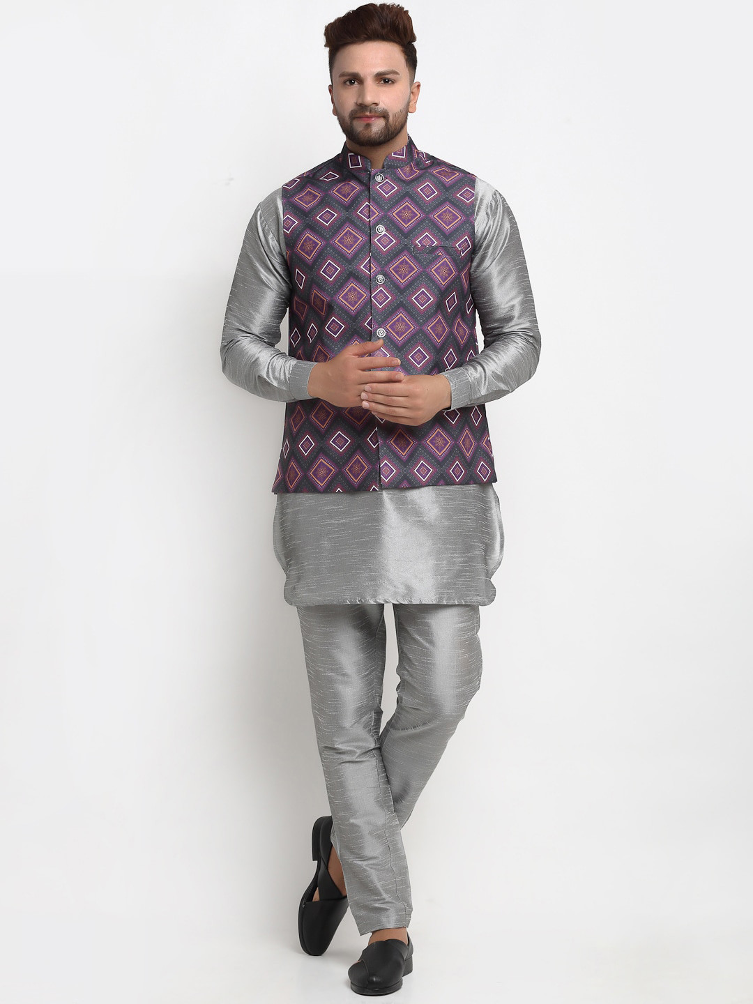 

Benstoke Men Grey Printed Dupion Silk Kurta Pyjamas And Nehru Jacket Set