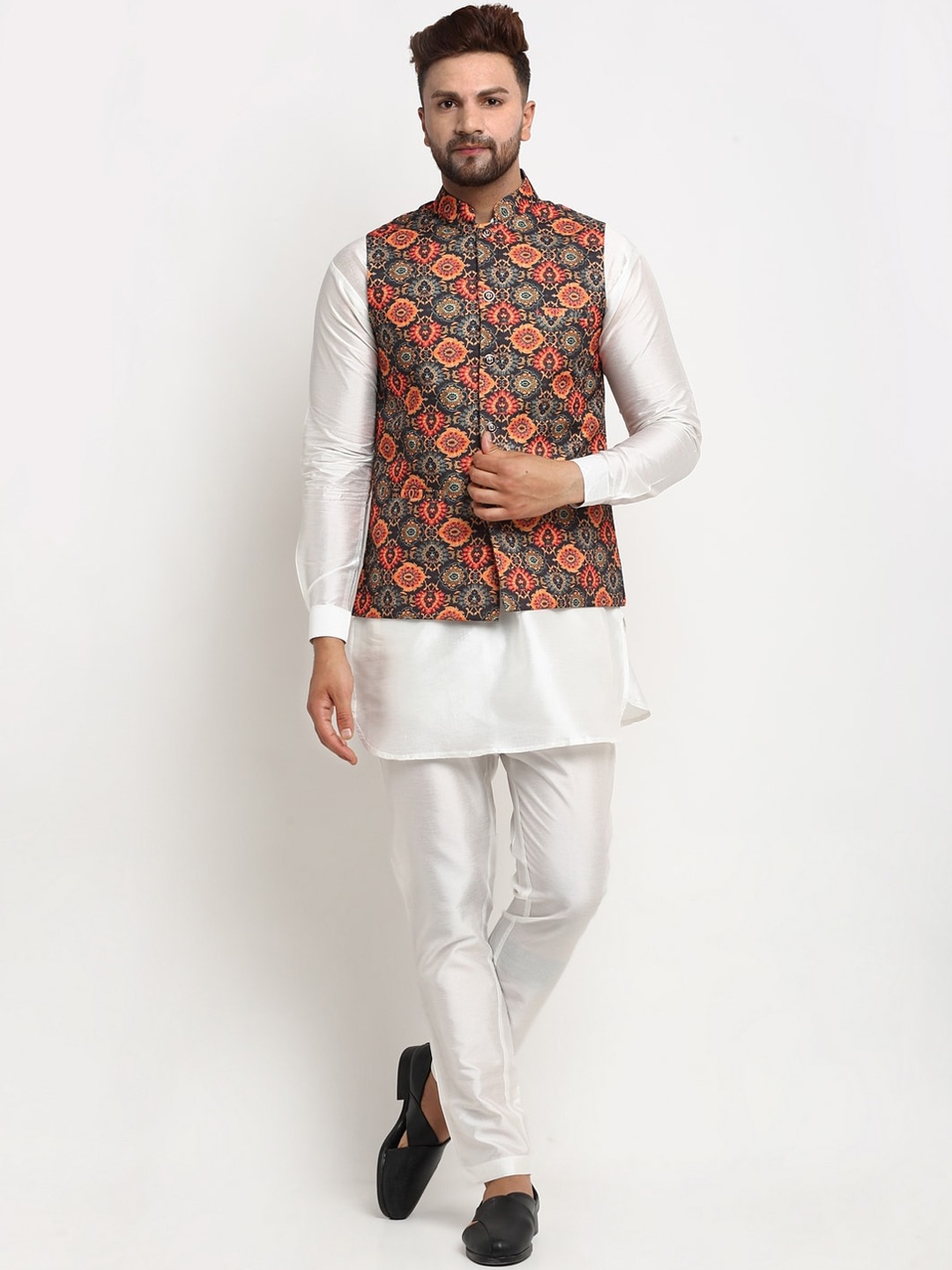 

Benstoke Men White Ethnic Motifs Printed Layered Dupion Silk Kurta with Pyjamas