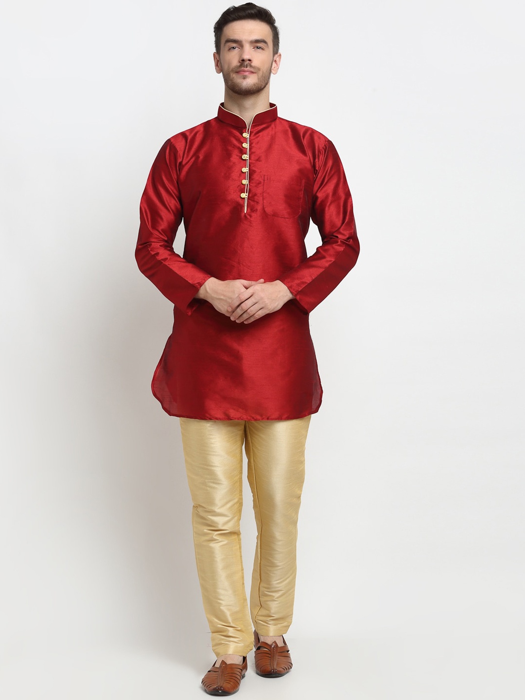 

Benstoke Men Maroon Yoke Design Layered Dupion Silk Kurta with Pyjamas set
