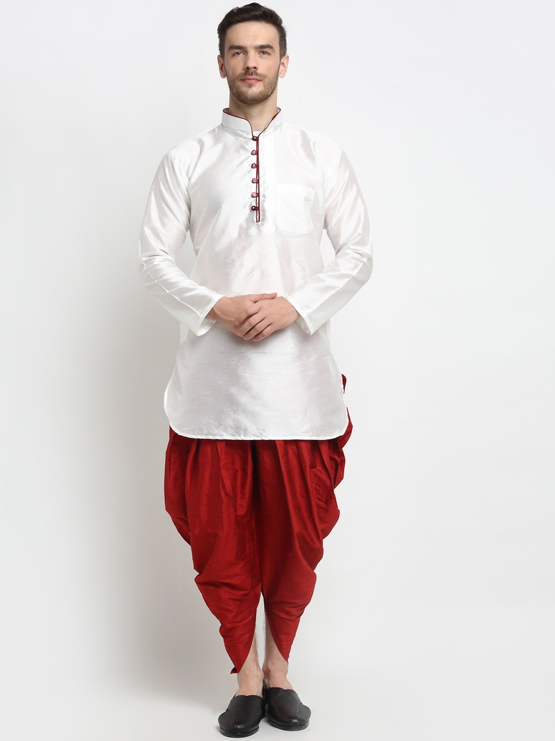 

Benstoke Men White Empire Dupion Silk Kurti with Dhoti Pants