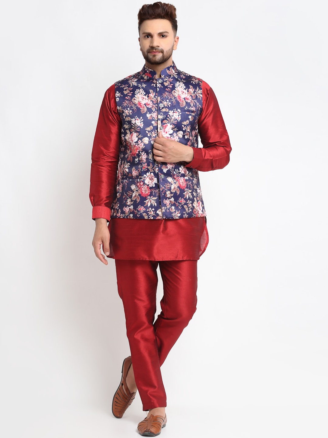 

Benstoke Men Maroon Floral Printed Layered Dupion Silk Kurta with Pyjamas nehru jacket set