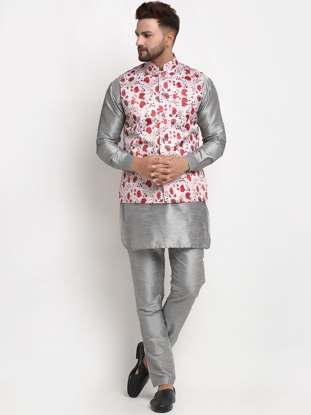 

Benstoke Men Grey Floral Dupion Silk Kurta Pajama and Nehru Jacket Set