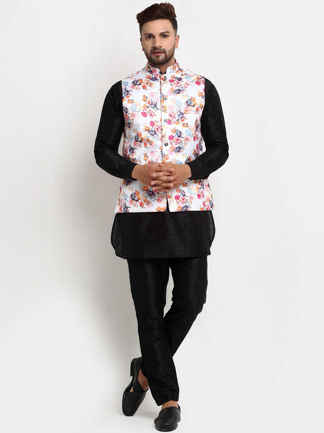 

Benstoke Men Black Floral Layered Dupion Silk Kurta with Pyjamas