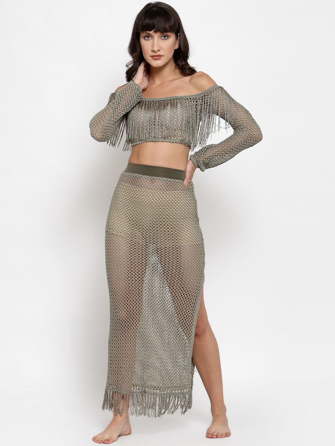 

iki chic Women Green Off Shoulder Crop Top & Skirt