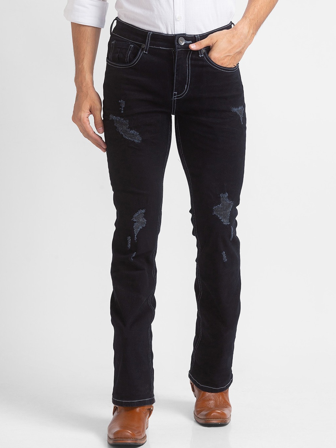 

mode de base Men Black Mildly Distressed Light Fade Stretchable Jeans