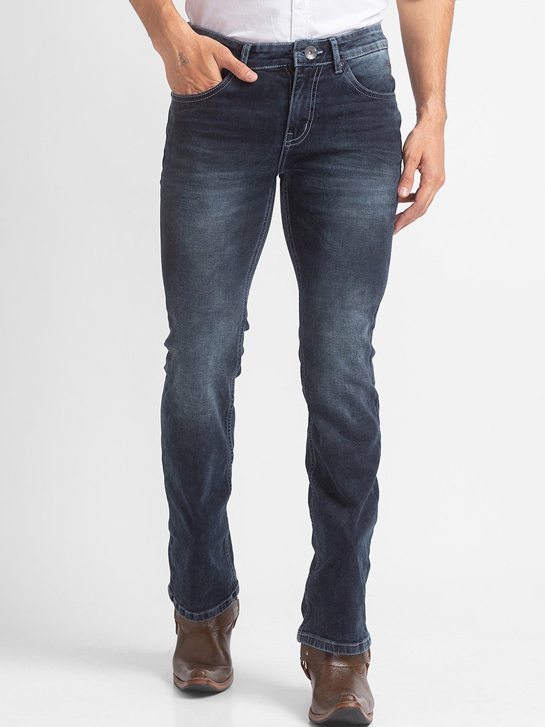

mode de base Men Navy Blue Bootcut Light Fade Stretchable Jeans