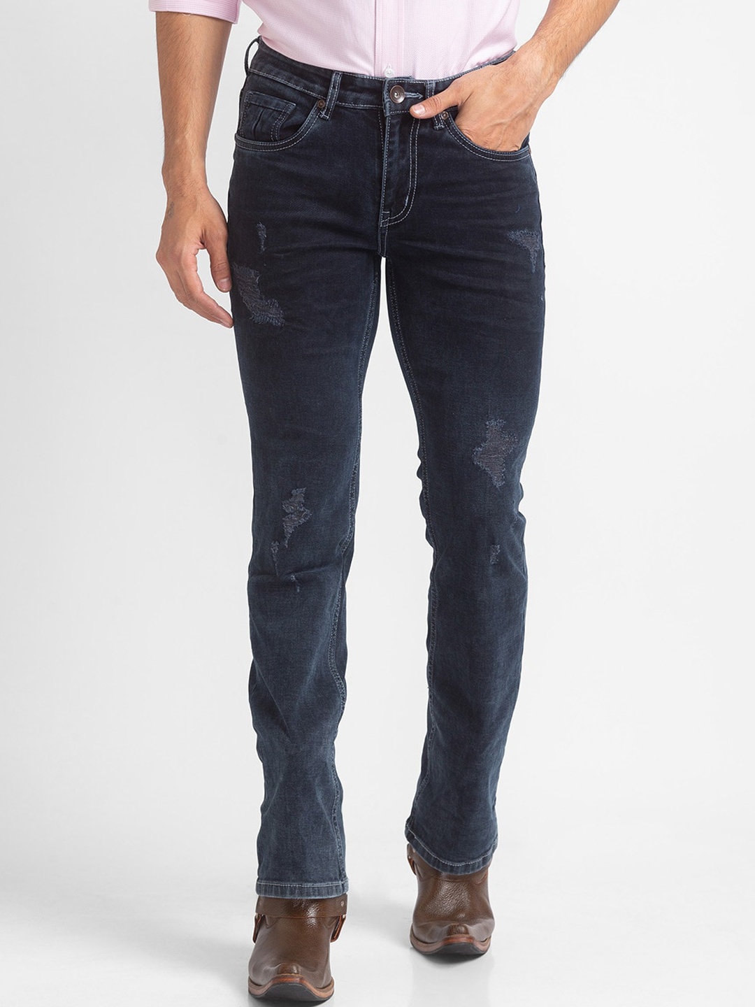 

mode de base Men Navy Blue Mildly Distressed Light Fade Stretchable Jeans