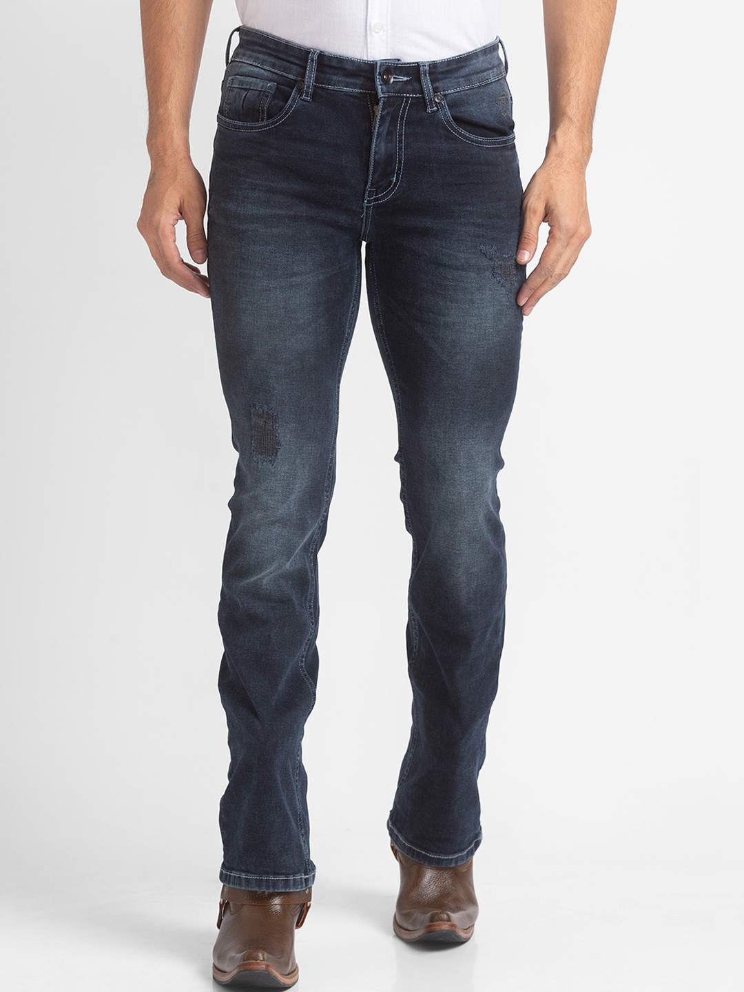 

mode de base Men Navy Blue Bootcut Mildly Distressed Heavy Fade Stretchable Jeans