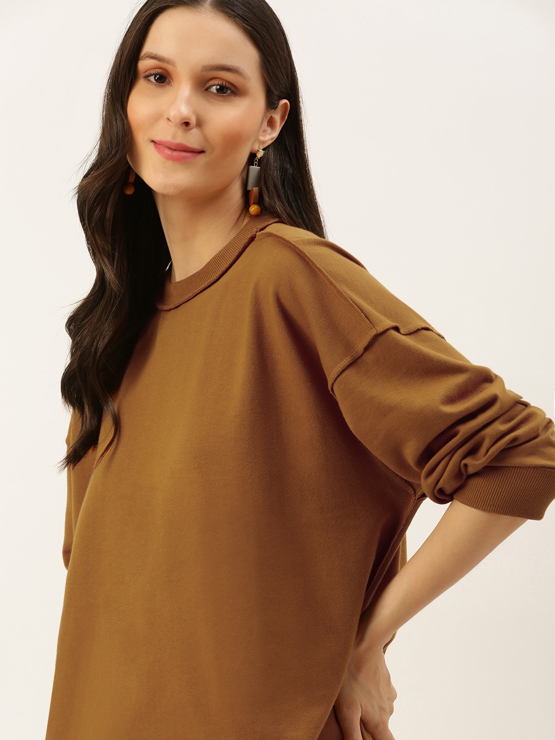 

FOREVER 21 Women Brown Solid Extended Sleeves Regular Top