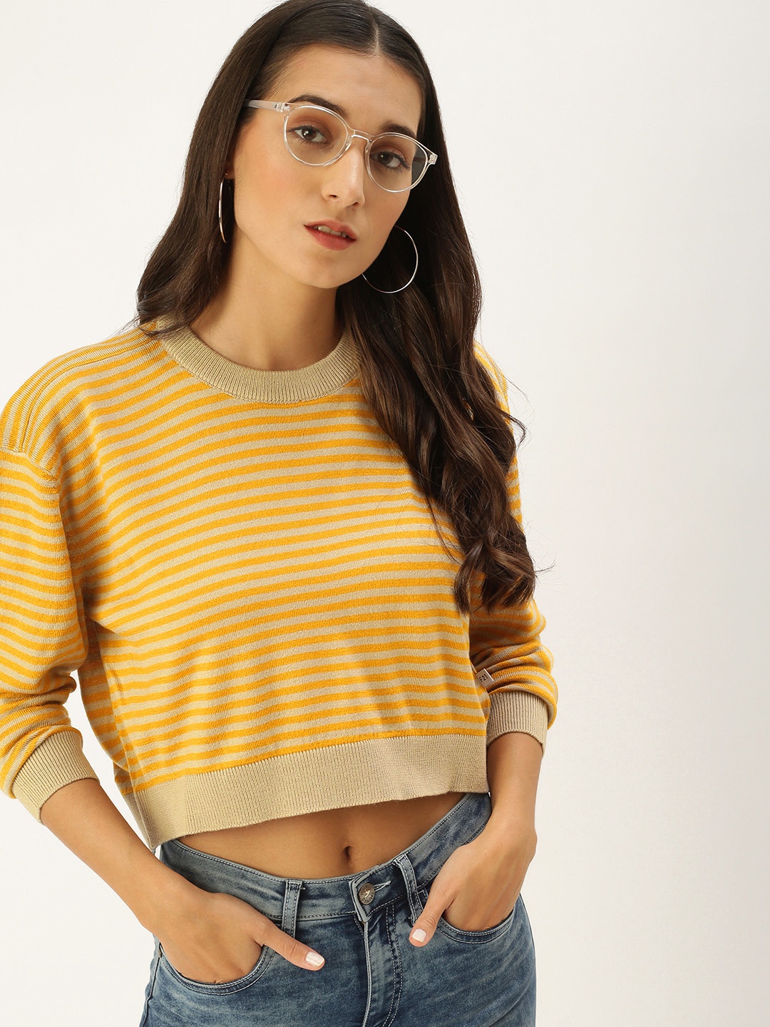 

FOREVER 21 Yellow & Beige Striped Knitted Crop Top