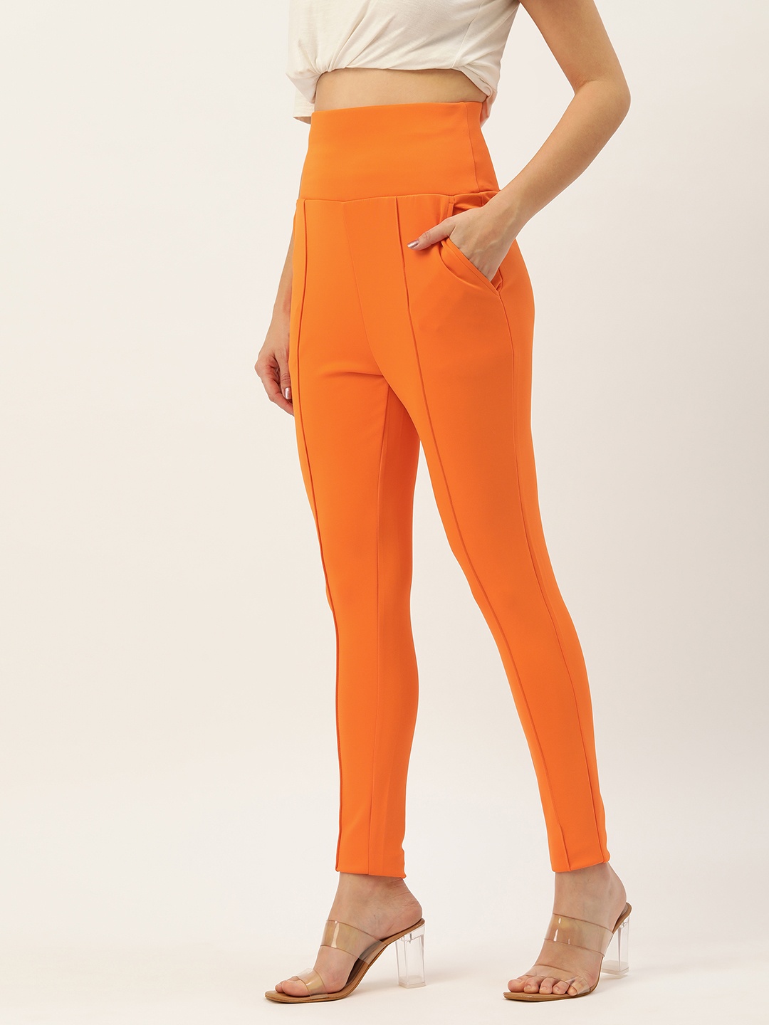 

FOREVER 21 Women Orange Solid Panelled Cigarette Trousers