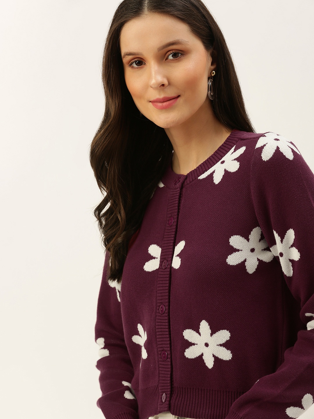 

FOREVER 21 Women Burgundy & White Floral Printed Crop Cardigan