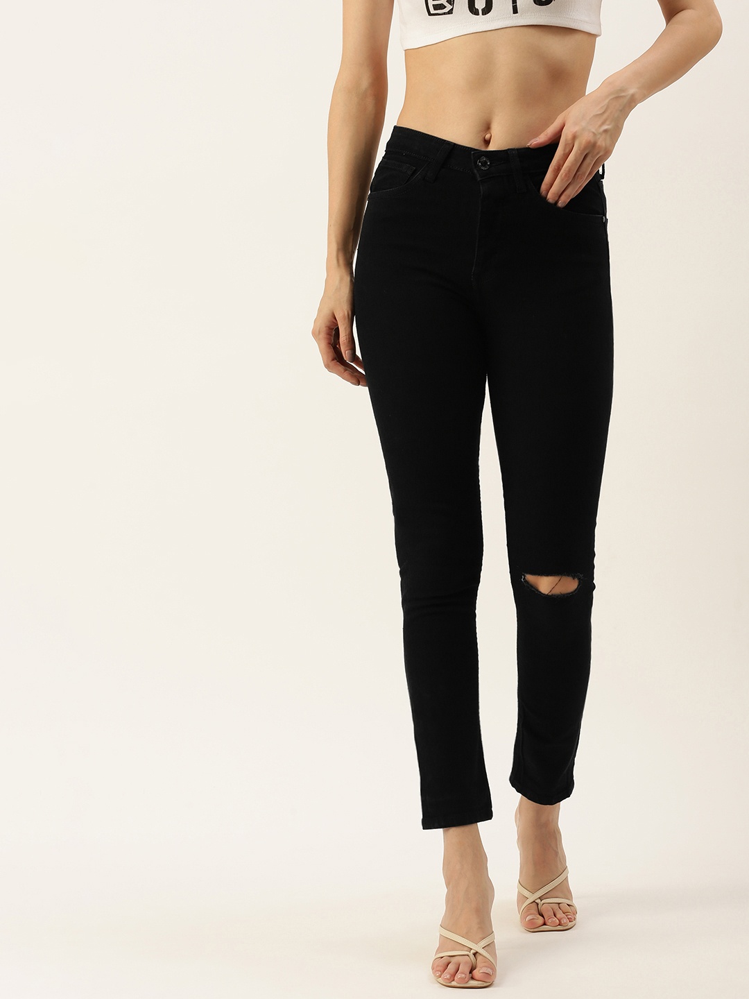 

FOREVER 21 Women Black Slash Knee Stretchable Jeans