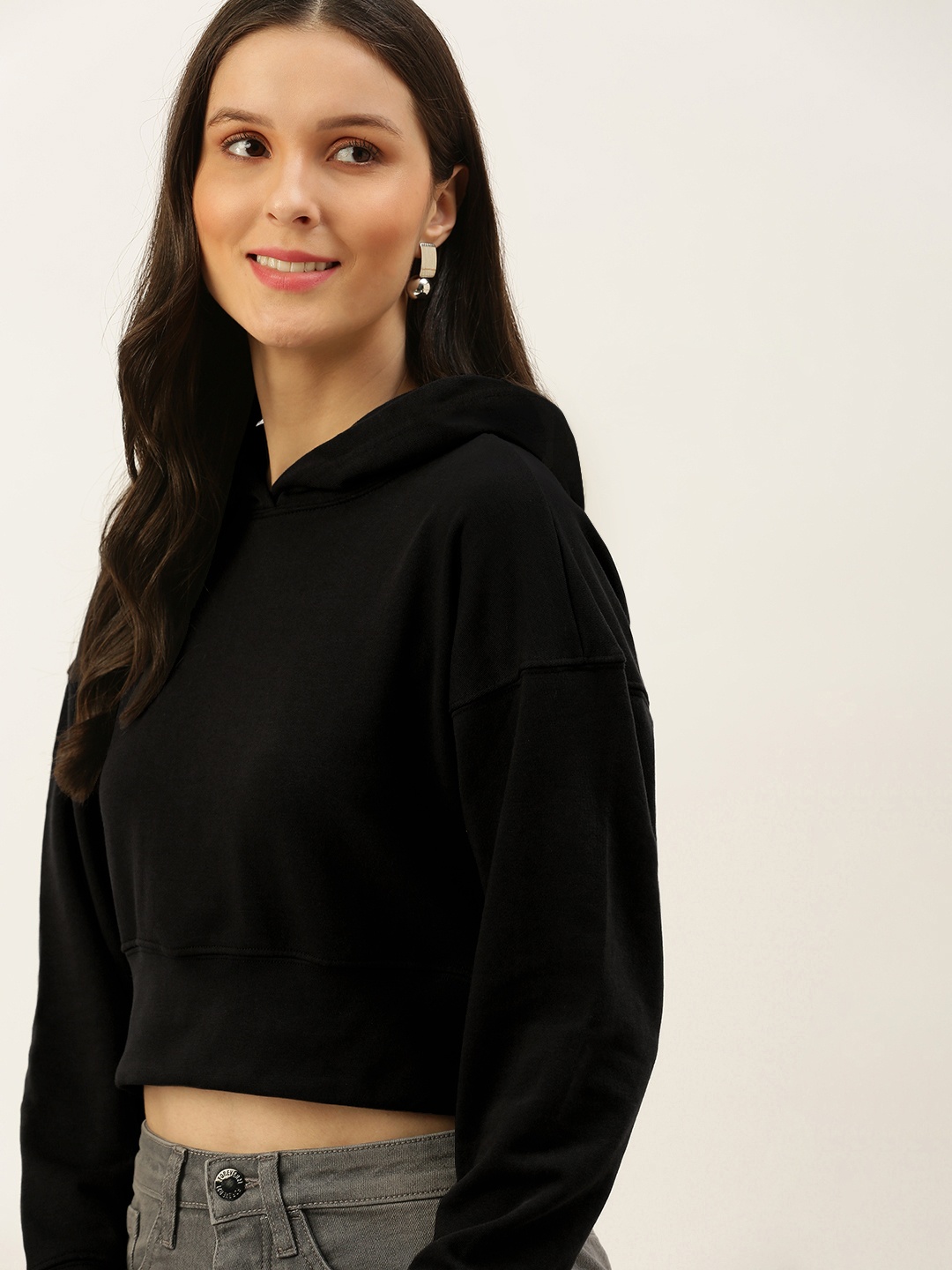 

FOREVER 21 Women Black Hooded Crop Sweatshirt