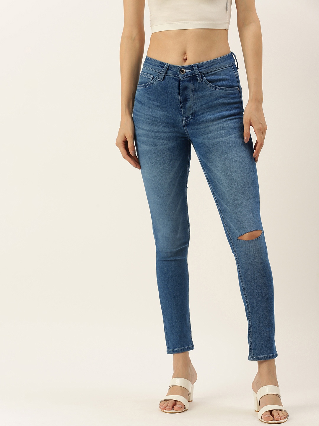 

FOREVER 21 Women Blue Slim Fit Slash Knee Heavy Fade Stretchable Jeans
