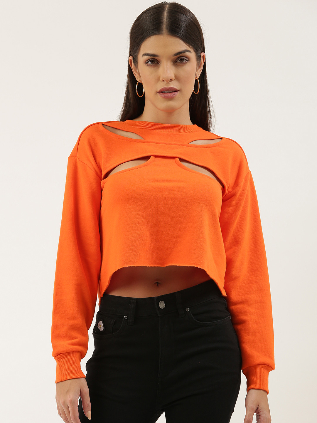 

FOREVER 21 Women Orange Solid Sweatshirt with Cut Work