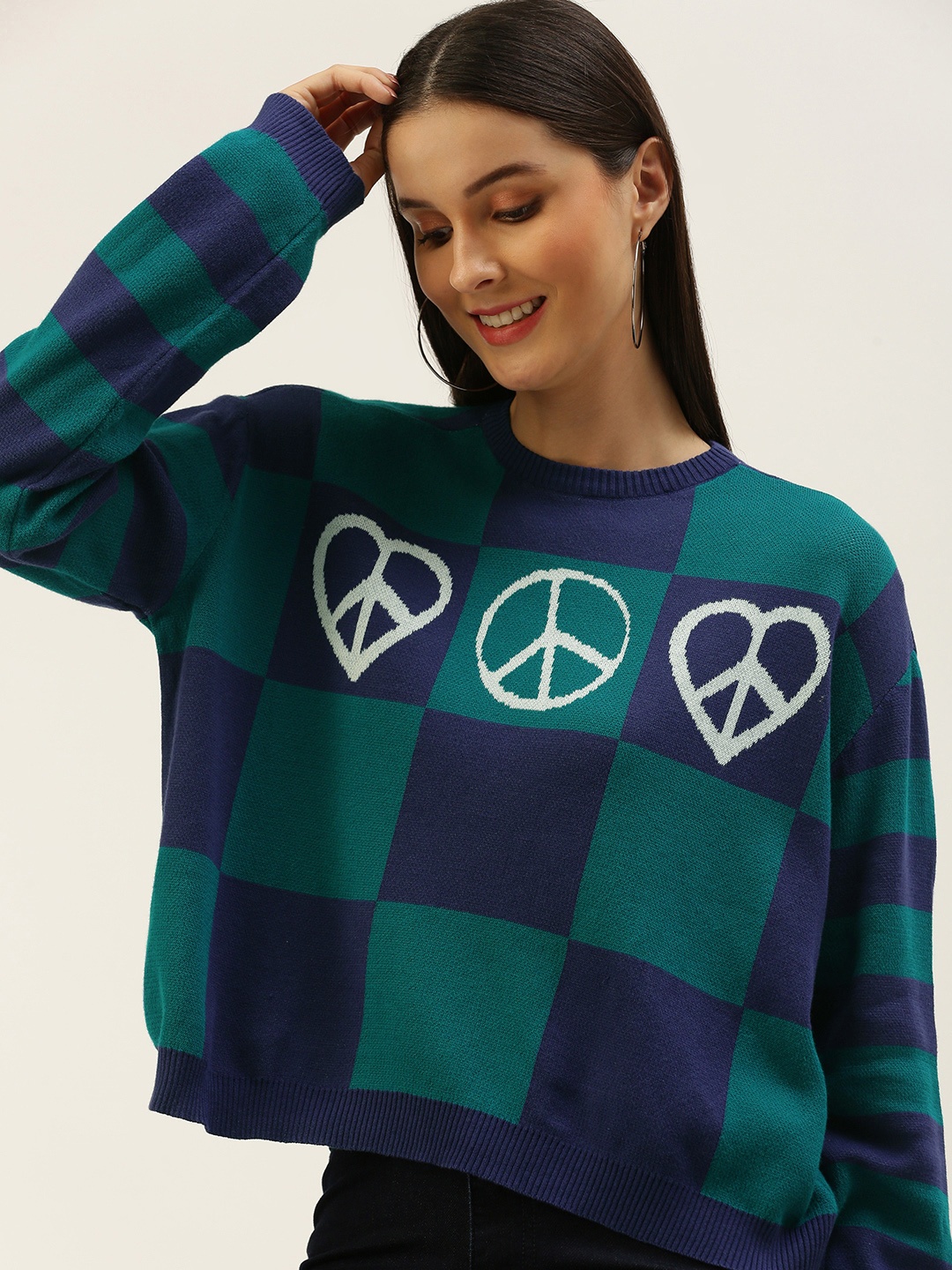 

FOREVER 21 Women Teal Green & Purple Checked Pure Cotton Pullover Sweater