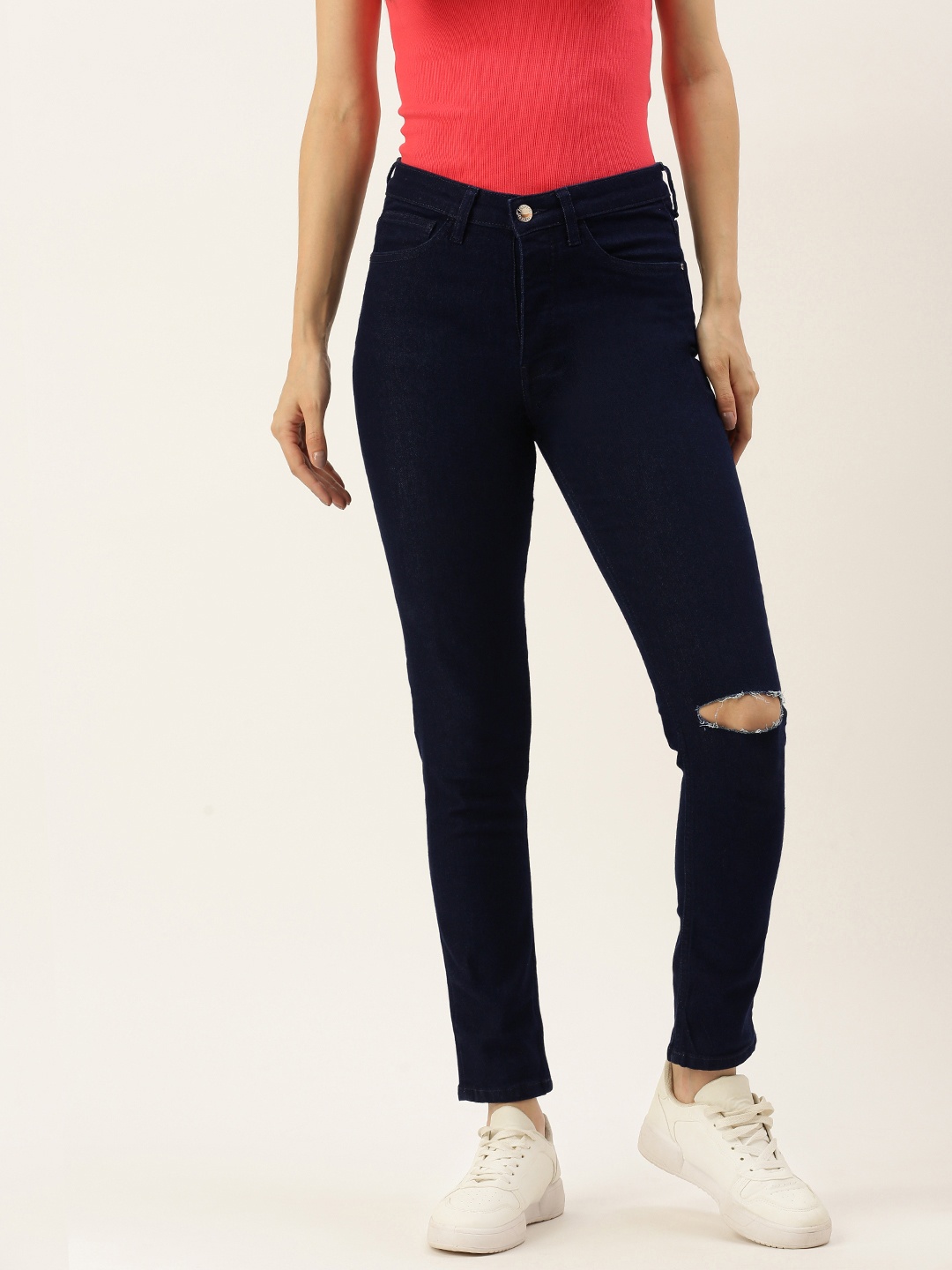 

FOREVER 21 Women Navy Blue Slash Knee Jeans