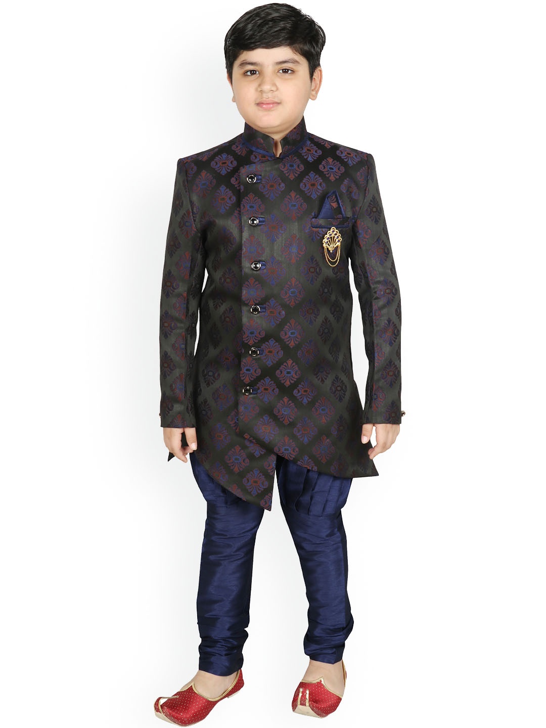 

SG YUVRAJ Boys Navy Blue Printed Sherwani With Churidar Pants