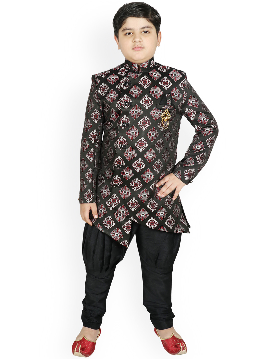 

SG YUVRAJ Boys Black Printed Sherwani With Churidar Pants