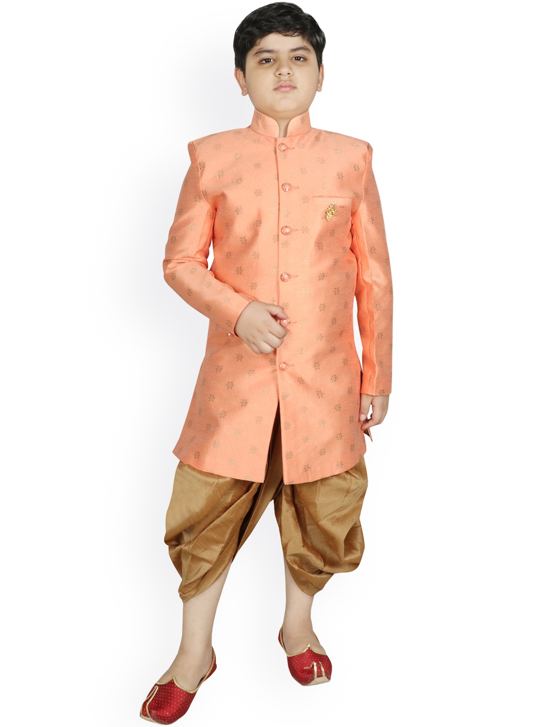 

SG YUVRAJ Boys Peach-Coloured & Beige Woven Design Sherwani With Dhoti Pants