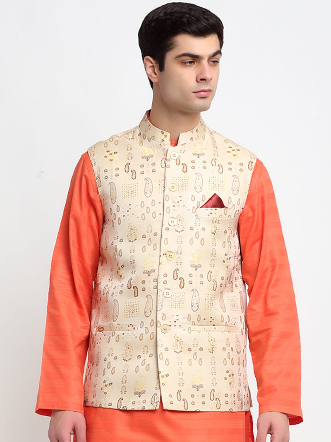 

NEUDIS Men Beige Printed Woven Nehru Jackets