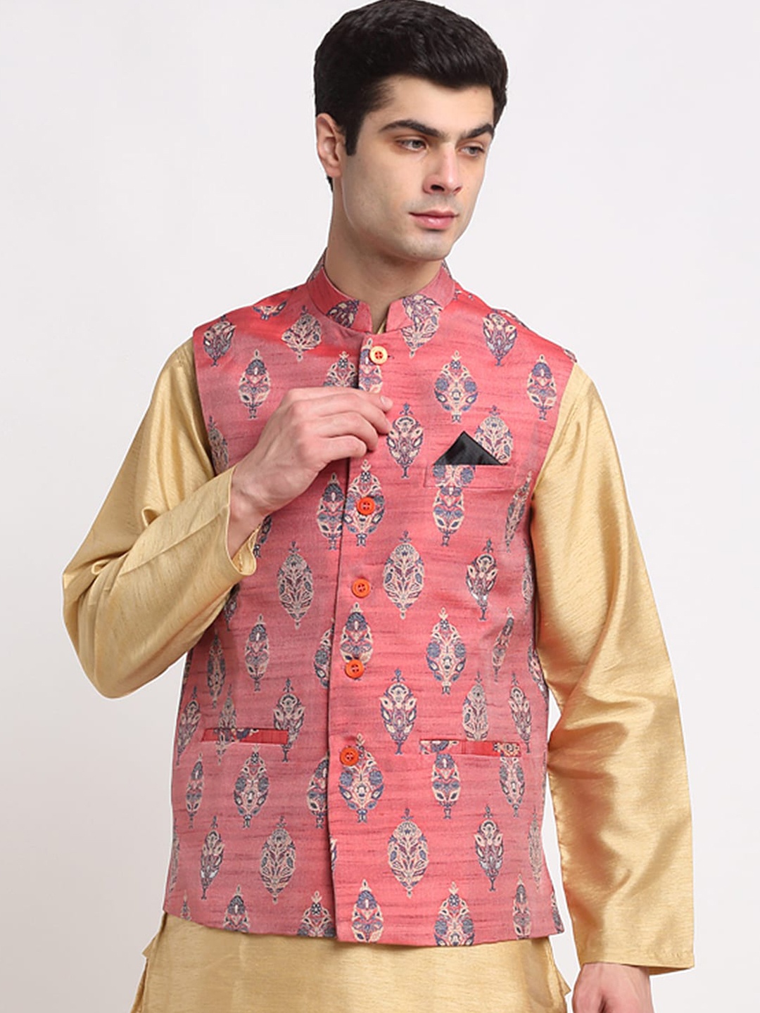 

NEUDIS Men Peach Printed Woven Nehru Jacket, Gold