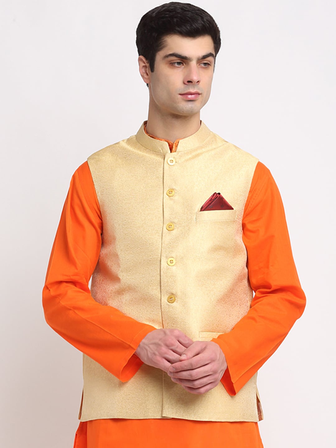 

NEUDIS Men Beige Woven Design Nehru Jackets