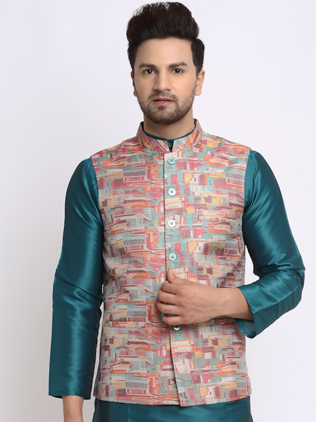 

NEUDIS Men Pink Woven Design Nehru Jackets, Blue