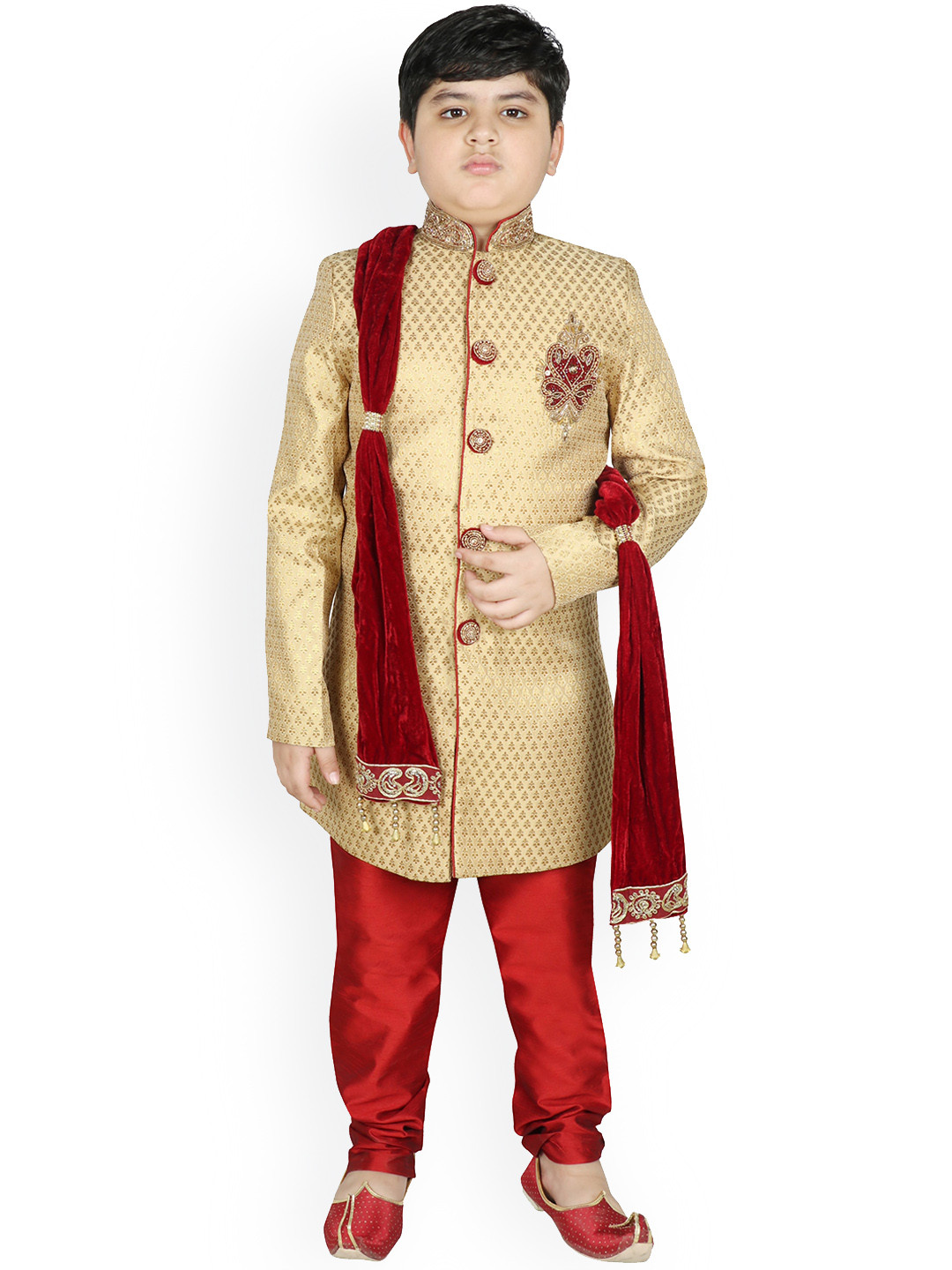 

SG YUVRAJ Boys Gold & RedColored Woven Party Wear Sherwani