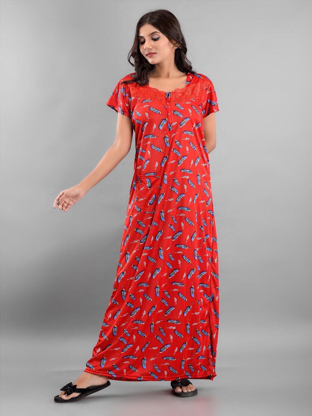 

Apratim Women Red Printed Satin Stylish Maxi Nightdress